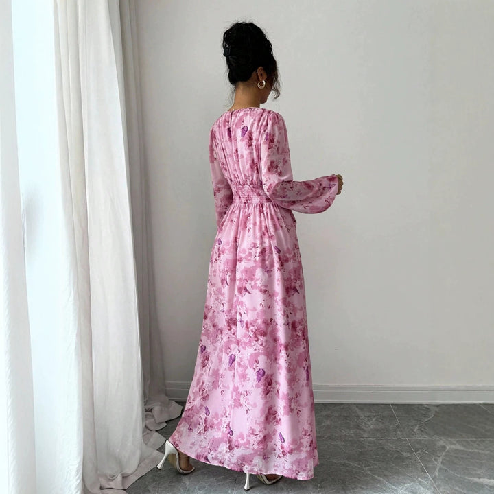 Damen Maxikleid mit floralem Schmetterlingsprint, geraffter Taillenpartie und langen Ballonärmeln Drune