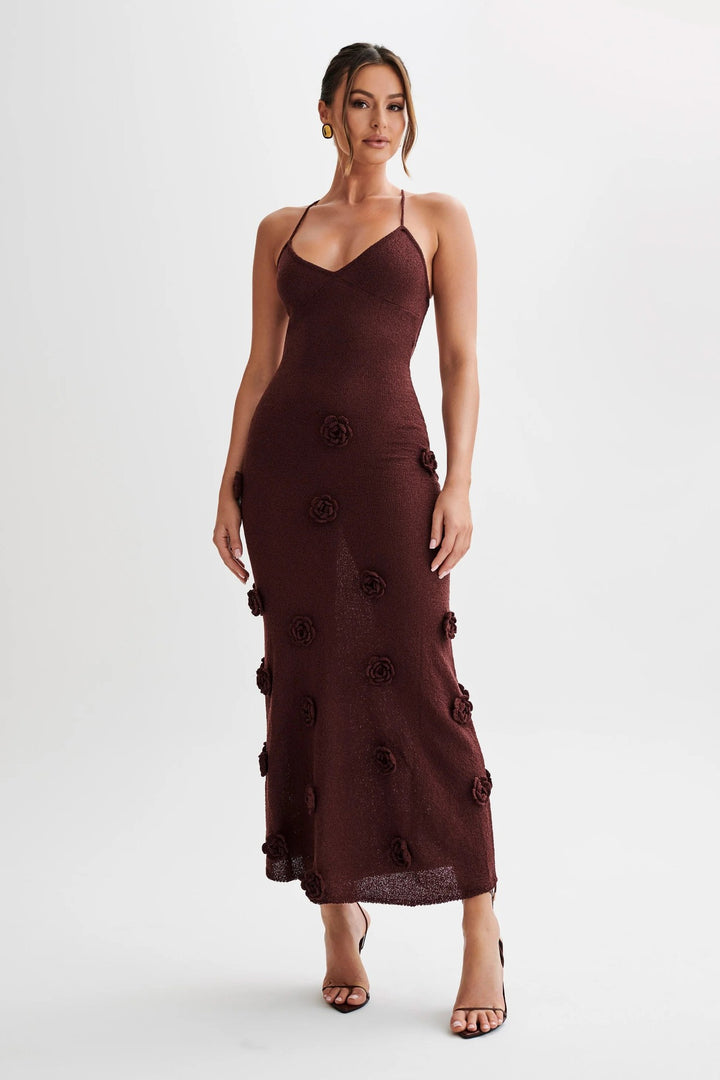 Damen elegantes glitzerndes Maxikleid mit floralen Applikationen Drune