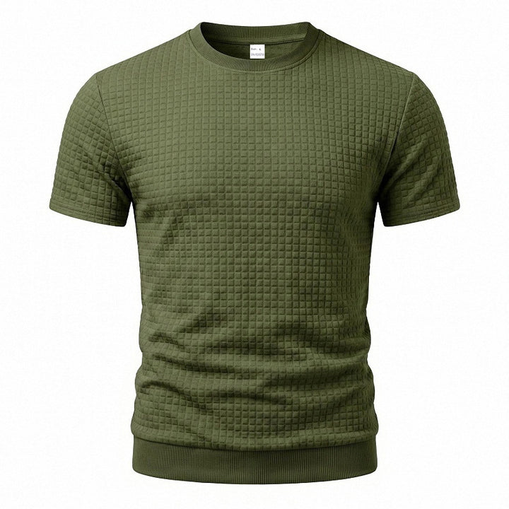Herren nan kurzärmeliges Strickshirt mit geprägter Karostruktur, Rundhalsausschnitt und geripptem Saum Drune