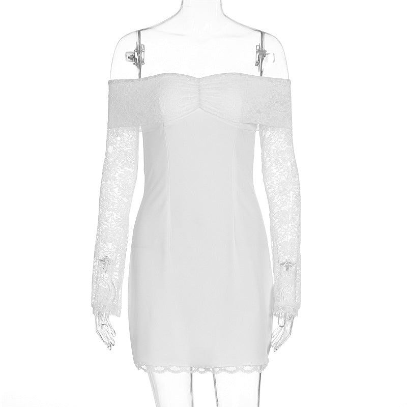 Damen Off-Shoulder Kleid mit Spitzenärmeln und figurbetontem Schnitt Drune