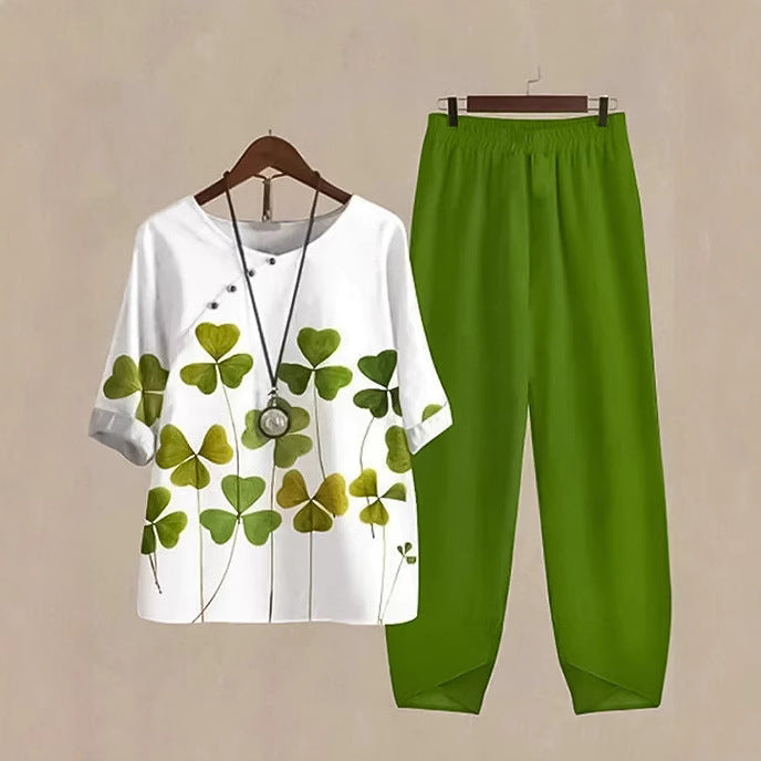 Damen nan zweiteiliges Freizeitset mit Kleeblatt-Print-Tunika und elastischer Komfortbund-Hose Drune