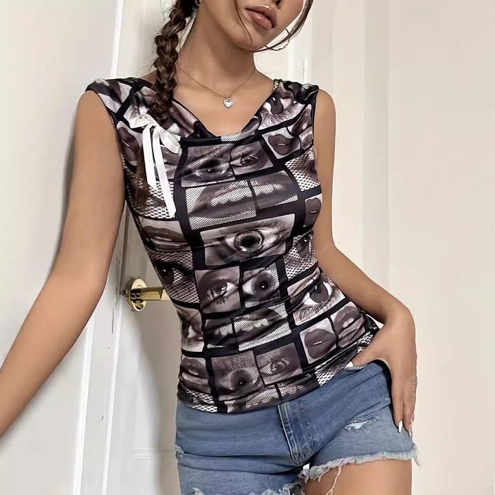 Damen nan tailliertes ärmelloses Jersey-Top mit Wasserfallkragen und collageartigem Gesichtsprint Drune