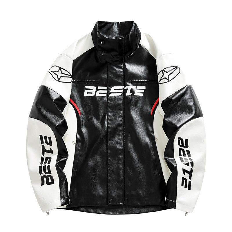 Herren Modische Kunstlederjacke mit Kontrastärmel Drune