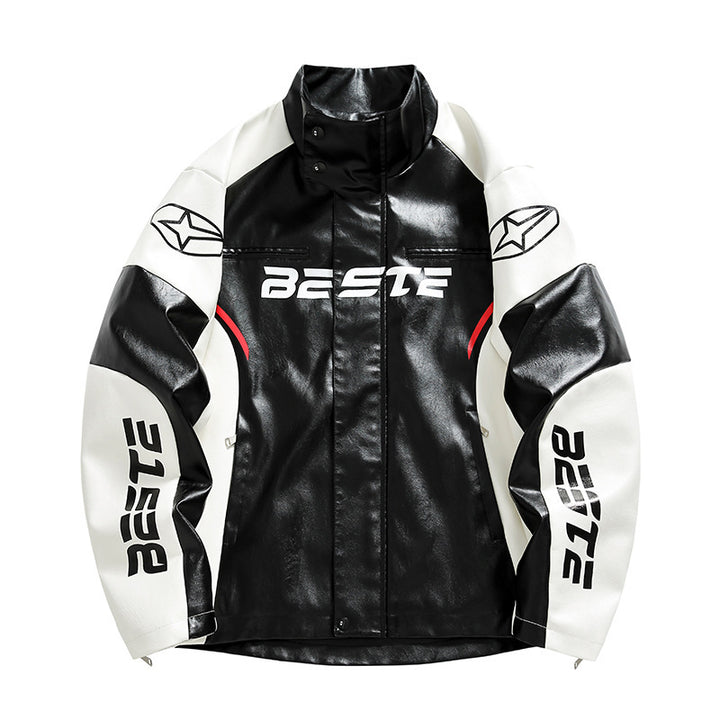 Herren Modische Kunstlederjacke mit Kontrastärmel Drune