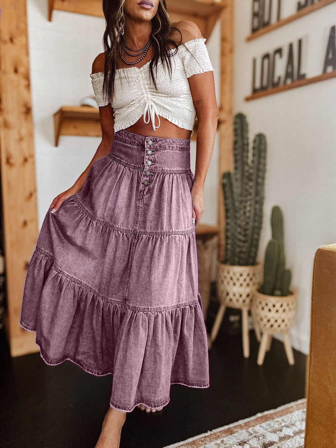 Damen Baumwollrock mit voluminösem Stufen-Design und modischem Knopfdetail Drune