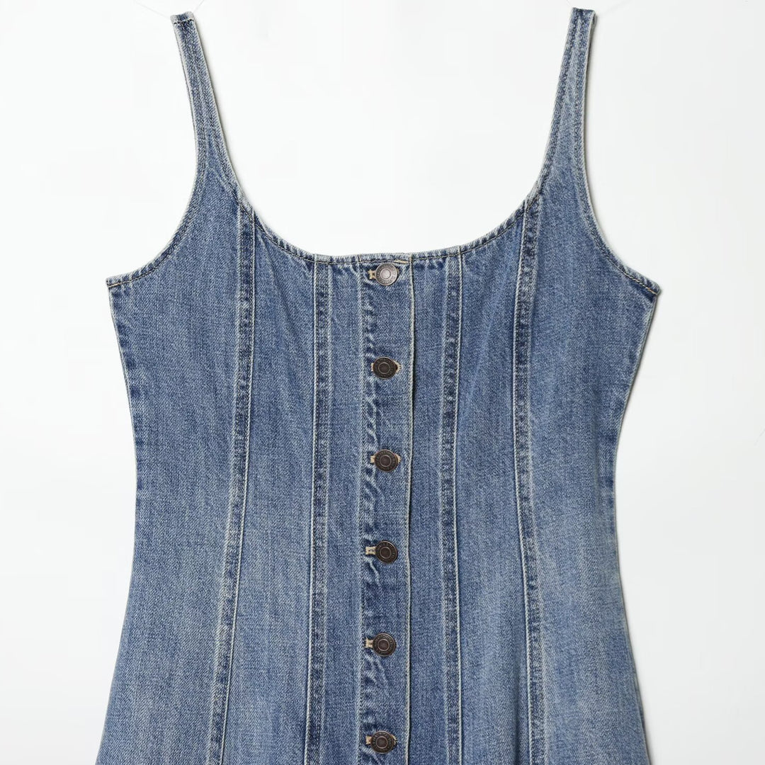 Damen Jeans Maxikleid mit Knopfleiste und schwingendem Saum Drune