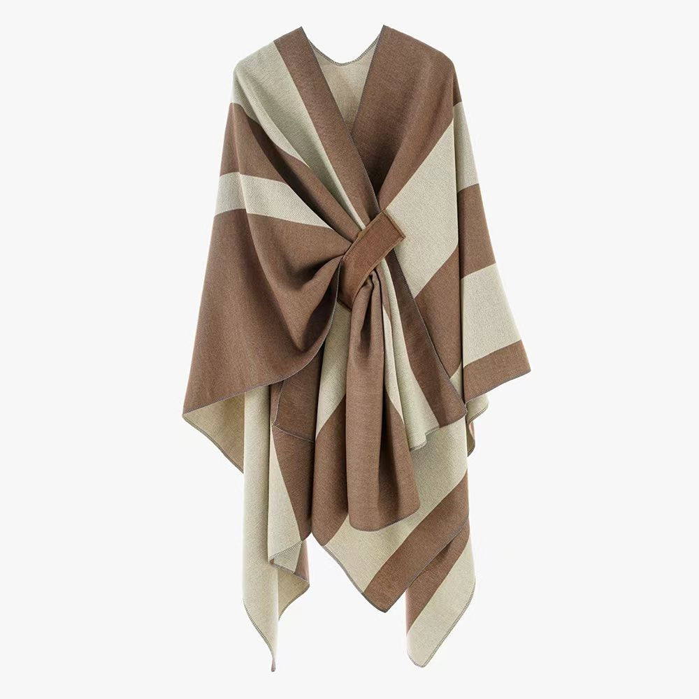 Damen Oversize-Cape mit Blockstreifen und Bindegürtel Drune