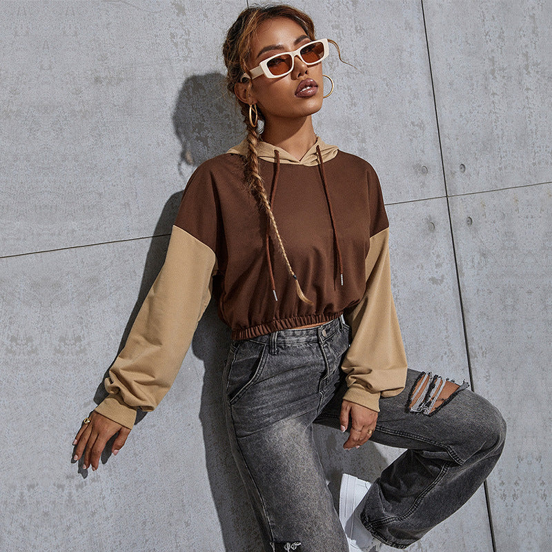 Damen Kurz geschnittener Cropped-Hoodie mit Colorblock-Ärmeln, Tunnelzug und elastischem Saum Drune