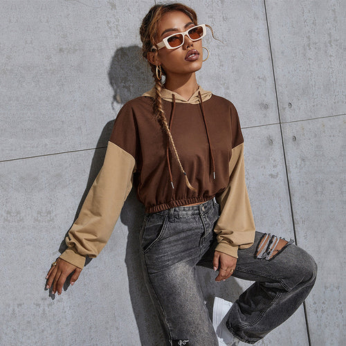 Damen Kurz geschnittener Cropped-Hoodie mit Colorblock-Ärmeln, Tunnelzug und elastischem Saum Drune