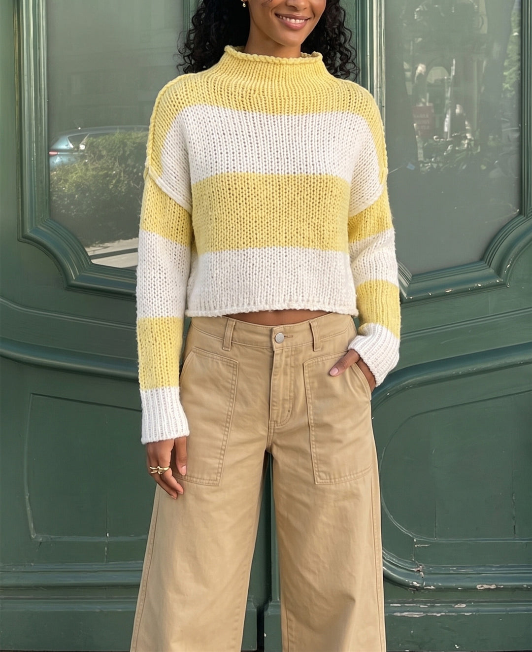 Damen Grobgestrickter Cropped-Pullover mit Stehkragen und überschnittenen Ärmeln Drune