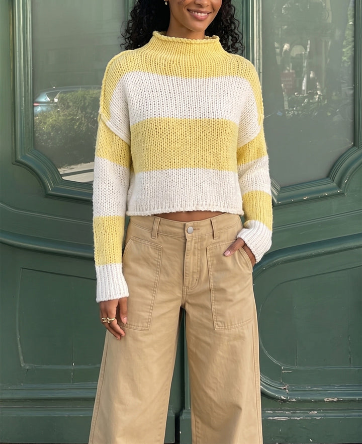 Damen Grobgestrickter Cropped-Pullover mit Stehkragen und überschnittenen Ärmeln Drune