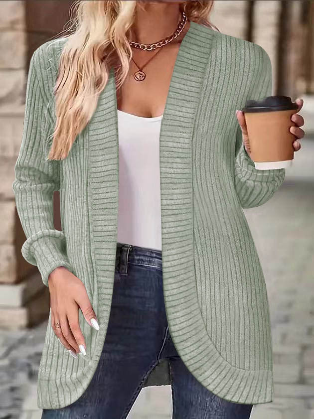 Damen Langer Offener Rippstrick-Cardigan mit abgerundetem Saum Drune