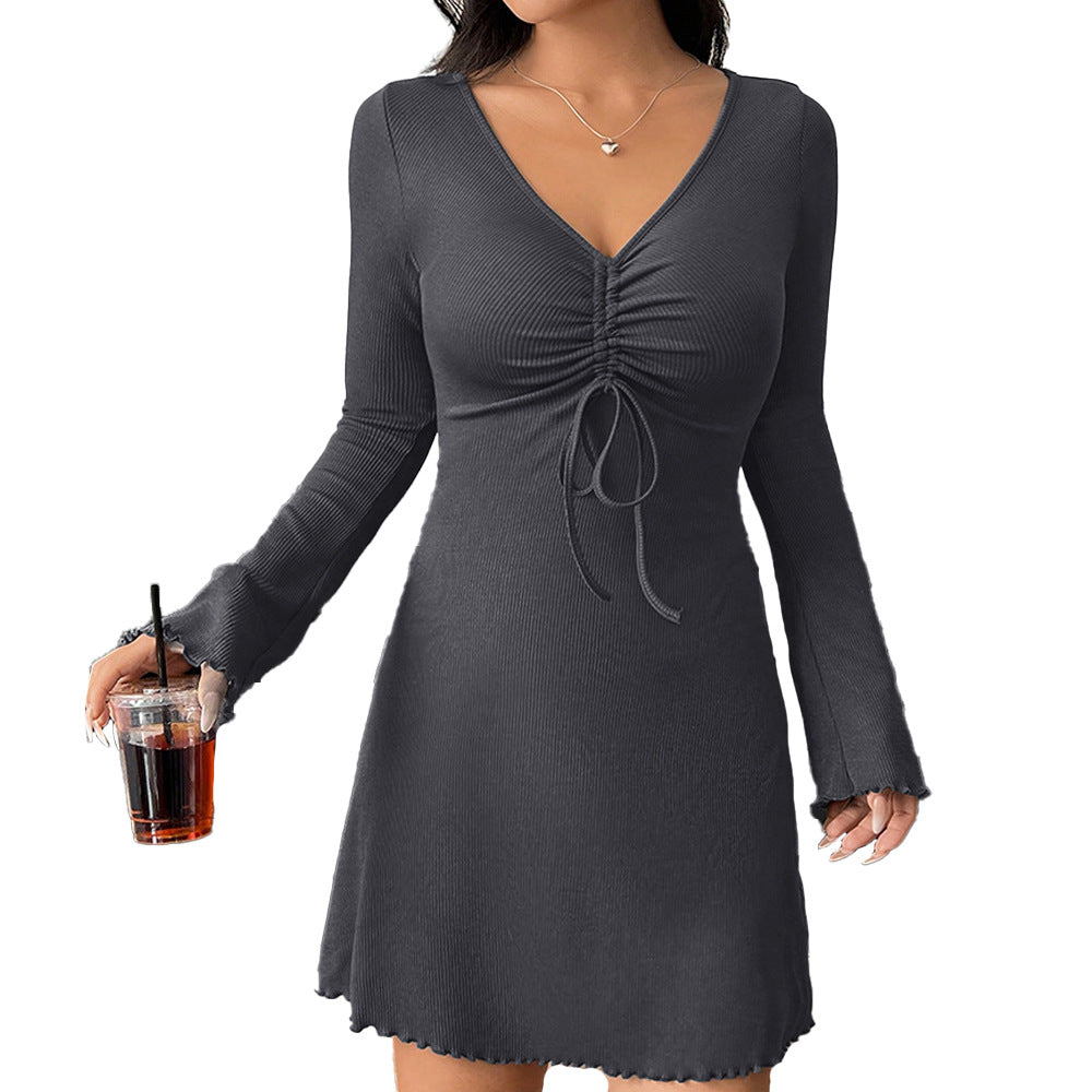 Damen figurbetontes geripptes Minikleid mit V-Ausschnitt Tunnelzug-Raffung und wellensaum Drune