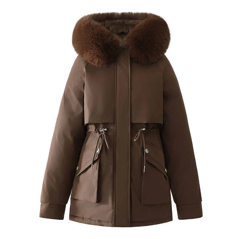 Damen Modische Winterjacke mit abnehmbarer Kapuze und hochwertigem Kunstfell Drune