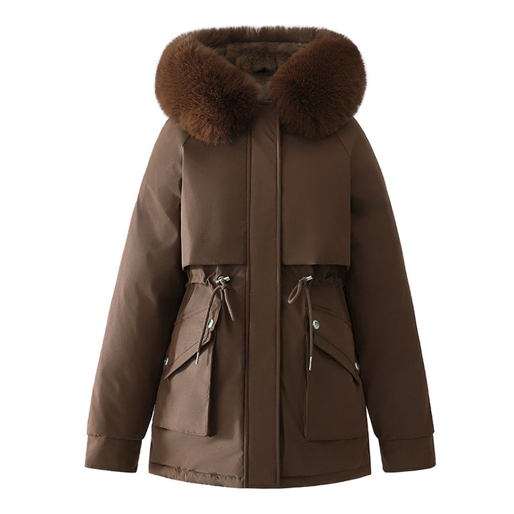 Damen Modische Winterjacke mit abnehmbarer Kapuze und hochwertigem Kunstfell Drune