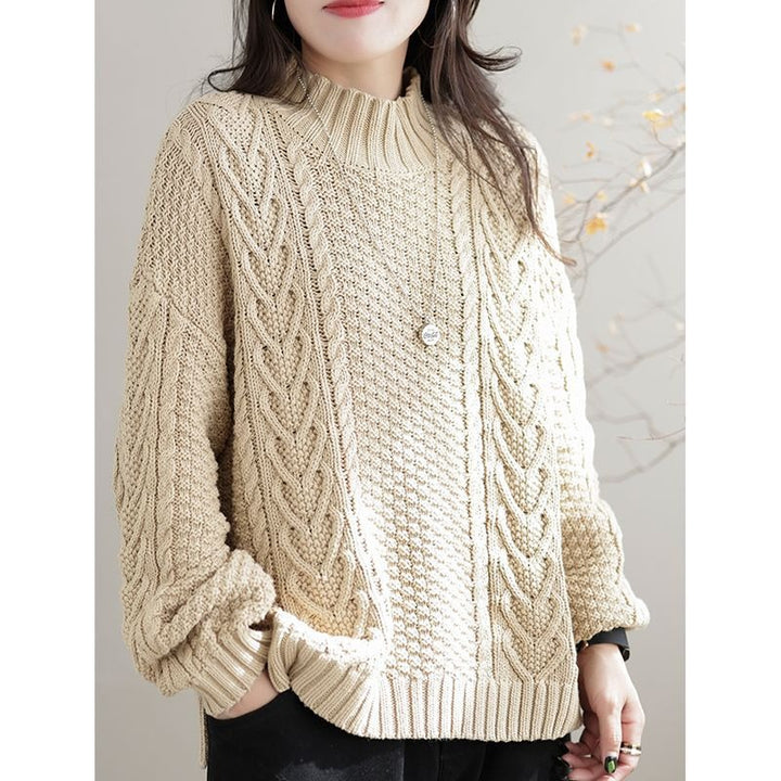 Damen Grobstrickpullover mit hohem Kragen und Zopfmuster Drune