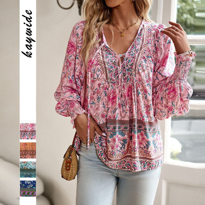 Damen nan lockere Boho-Tunika mit V-Ausschnitt Bindeband gerafften Ärmeln und floralem Muster Drune