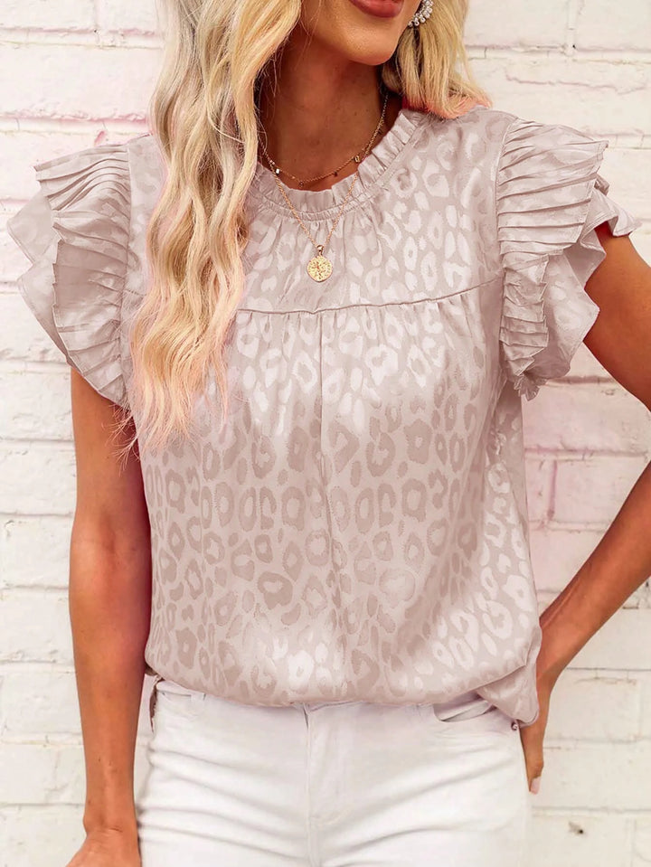 Damen Satinbluse mit Jacquard-Leoprint und gestuften Plissee-Volantärmeln Drune