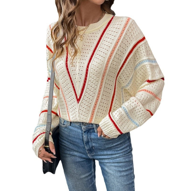 Damen Strickpullover mit großzügiger Lochmusterstruktur und farbigen Akzenten Drune