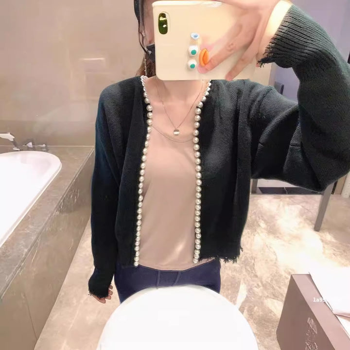 Damen Strickjacke mit Perlenverzierung und Lockeren Schnitt Drune