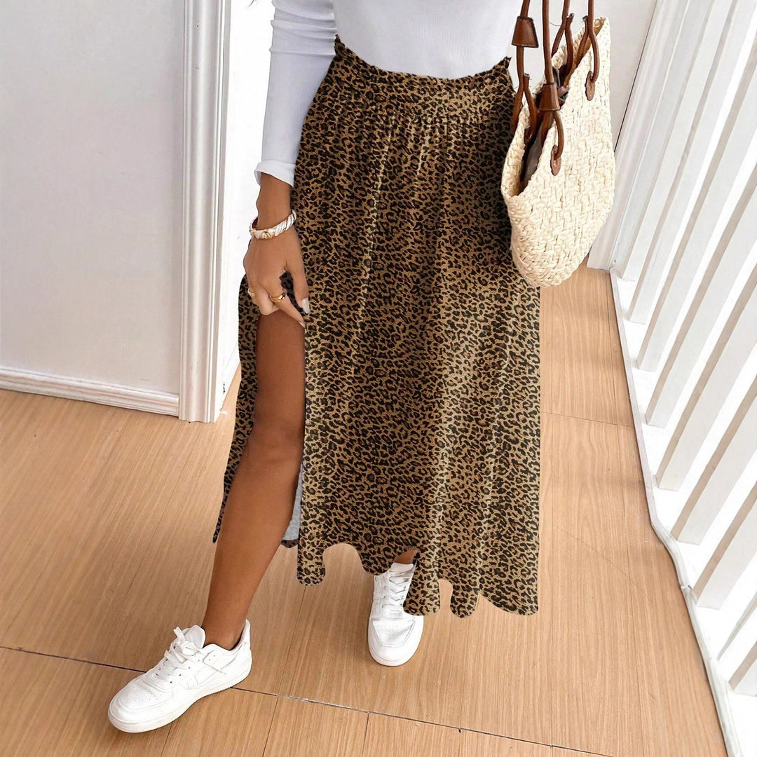 Damen Maxirock mit hohem Schlitz und Leopardendruck Drune