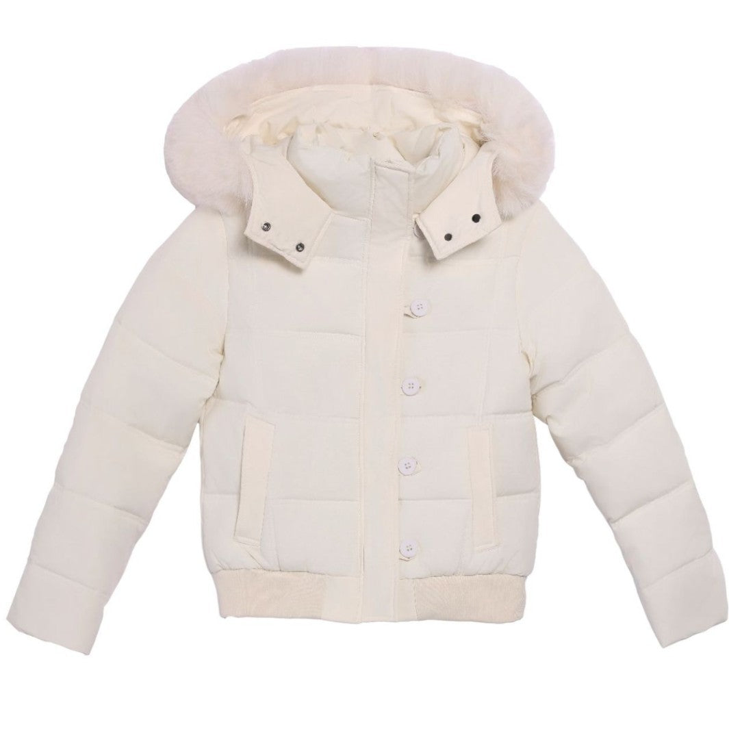 Damen Stylische Jacke mit abnehmbarem Kunstfellkragen und Knopfdetails Drune