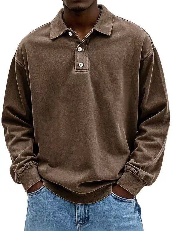 Herren nan lässiges Poloshirt-Sweatshirt mit Kragen, Vintage-Waschung und dreiteiliger Knopfleiste Drune