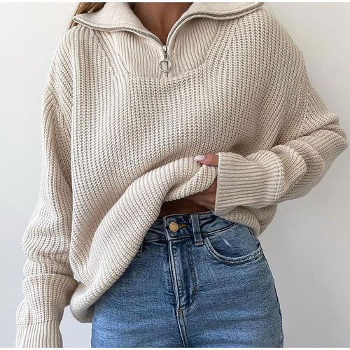 Damen Oversized Strickpullover mit stehendem Kragen und Reißverschluss Drune
