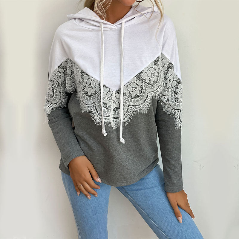 Damen Kapuzenpullover mit Spitzenbesatz und V‑Einsatz Drune