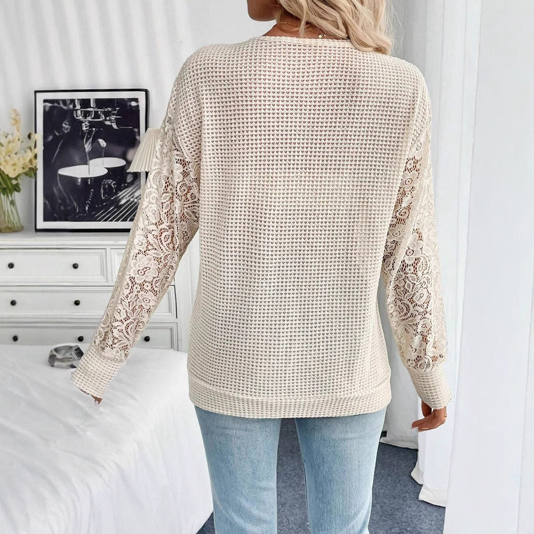 Damen nan locker geschnittener Waffelstrick-Pullover mit floralen Spitzeneinsätzen an den Ärmeln Drune