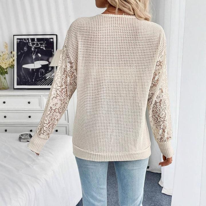 Damen nan locker geschnittener Waffelstrick-Pullover mit floralen Spitzeneinsätzen an den Ärmeln Drune
