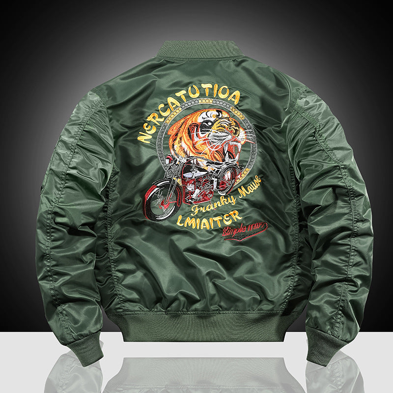 Herren Bestickte Nylon-Bomberjacke im Pilotenstil mit Tiger-Motorrad-Design Drune