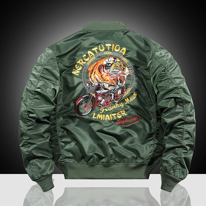 Herren Bestickte Nylon-Bomberjacke im Pilotenstil mit Tiger-Motorrad-Design Drune