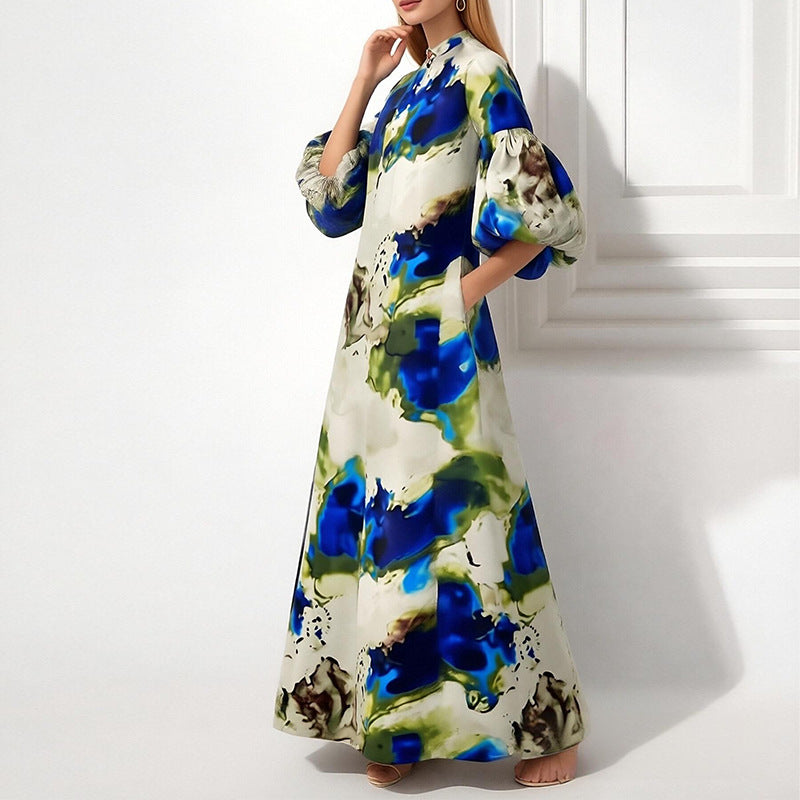 Damen Maxikleid mit voluminösen Puffärmeln und kunstvollem Farbdesign Drune