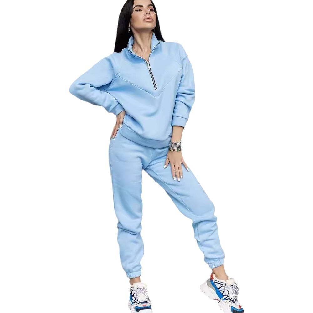 Damen Zweiteiliges Sweat-Loungewear-Set mit Troyer-Reißverschluss und elastischer Jogginghose Drune