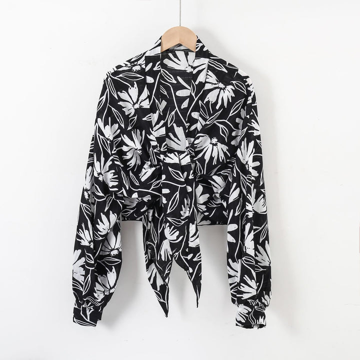 Damen nan florale Knoten-Bluse im Wickelstil mit Ballonärmeln und leichter Leinenoptik Drune