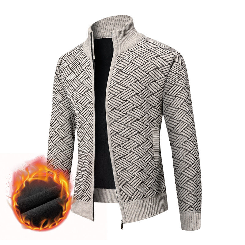 Herren Thermo-Strickjacke mit durchgehendem Reißverschluss, gefüttertem Stehkragen und geometrischem Strukturmuster Drune