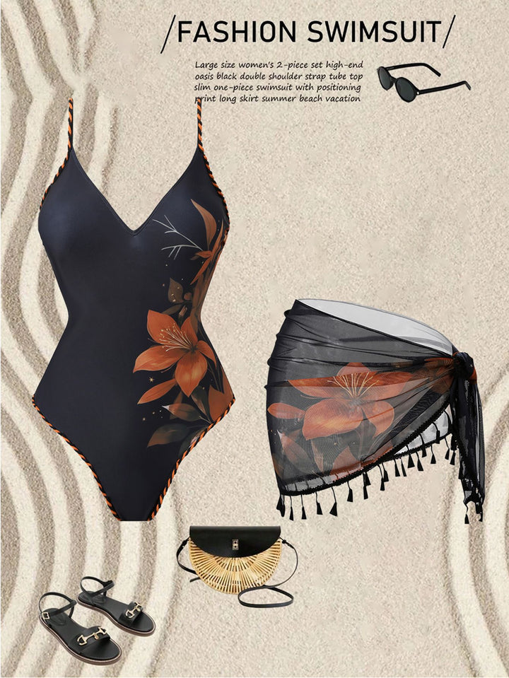 Damen Mode-Badeanzug mit floralem Design und transparentem Wickelrock Drune