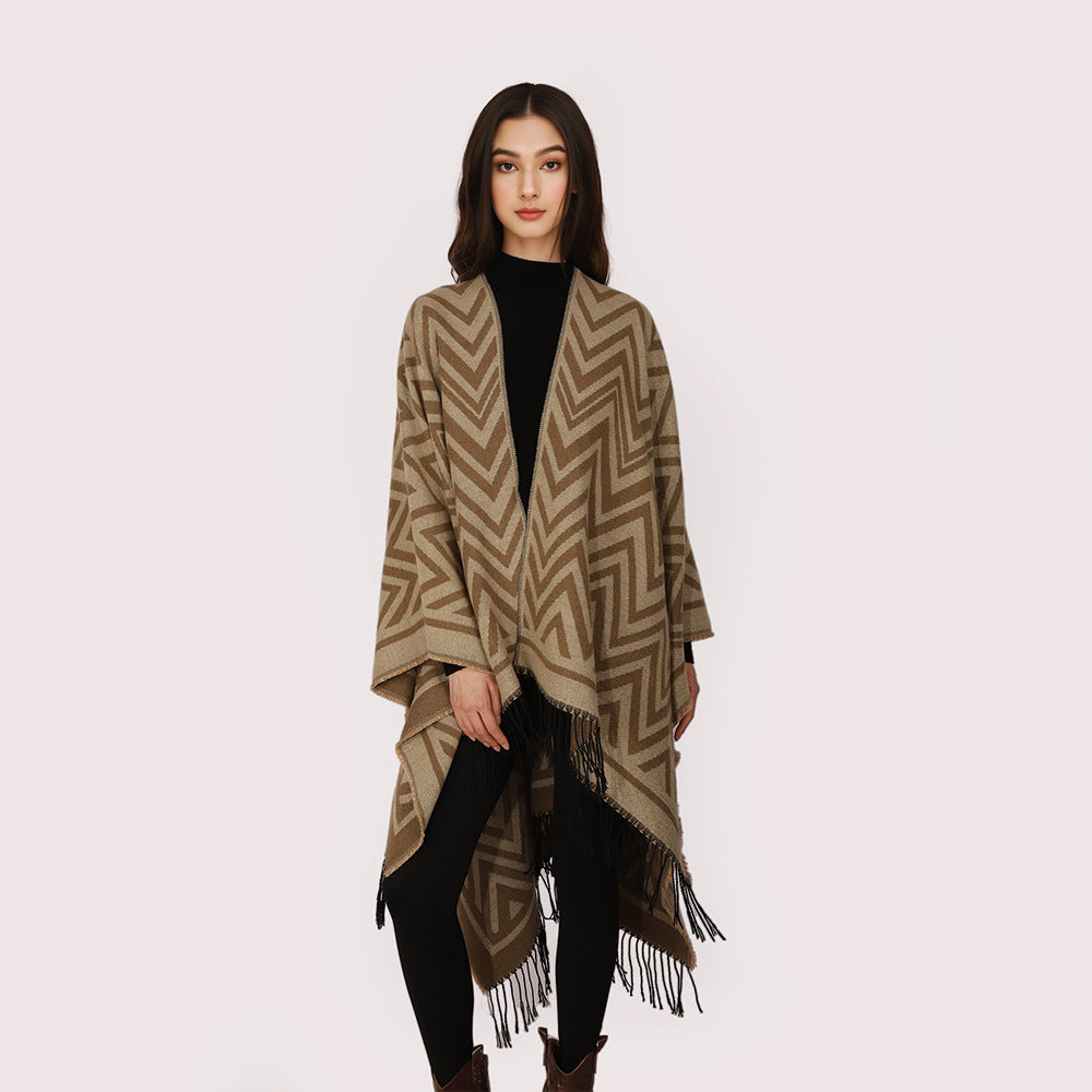 Damen Oversize-Umhang mit grafischem Zickzackmuster und langen Fransen Drune