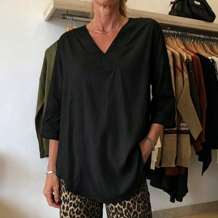 Damen Leichte Oversize V-Ausschnitt Tunika in Leinenoptik mit dreiviertel Ärmeln und abgerundetem Saum Drune