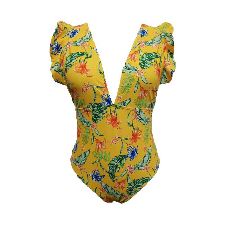 Damen Eleganter Einteiler Badeanzug mit Blumenmuster und voluminösen Ärmeln Drune