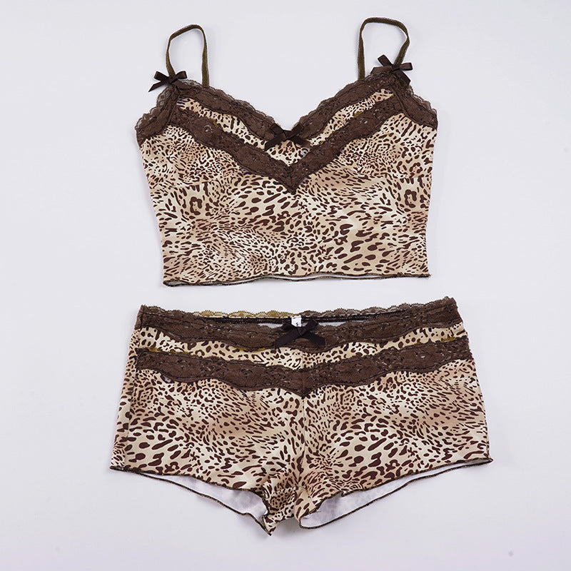 Damen Spitzen-Leopardenmuster Schlafanzug Set Drune