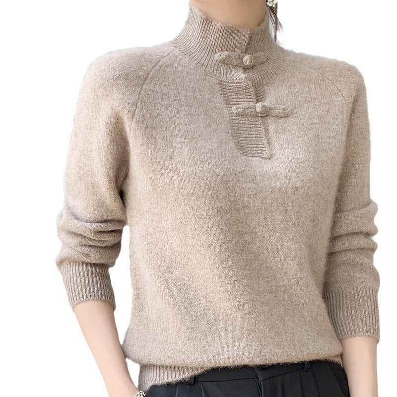 Damen Kaschmir‑Optik Mockneckpullover mit dekorativer KnDruneelknopfblende Drune