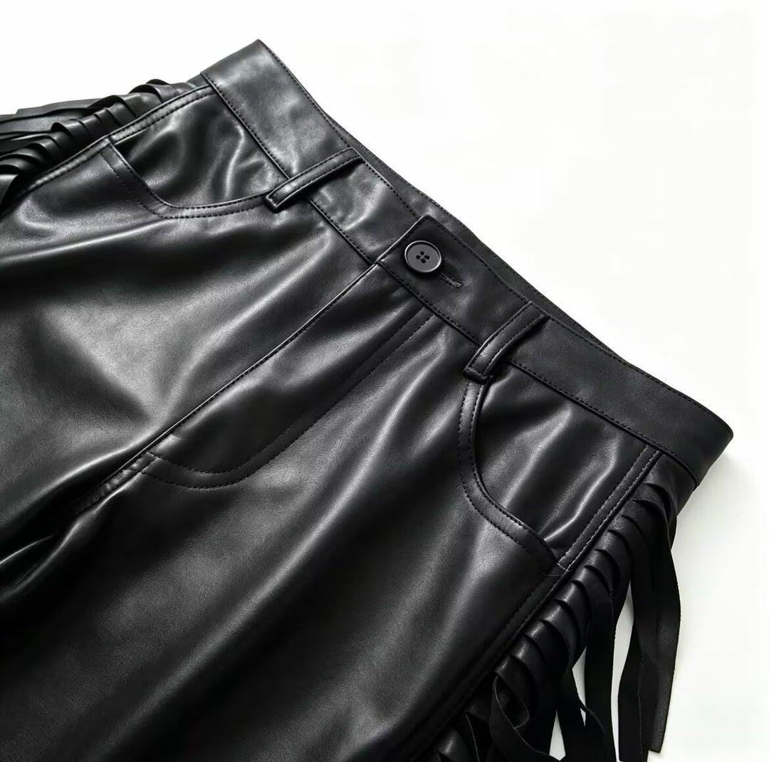 Damen Weite Kunstleder-Culotte mit seitlichen Fransen Drune