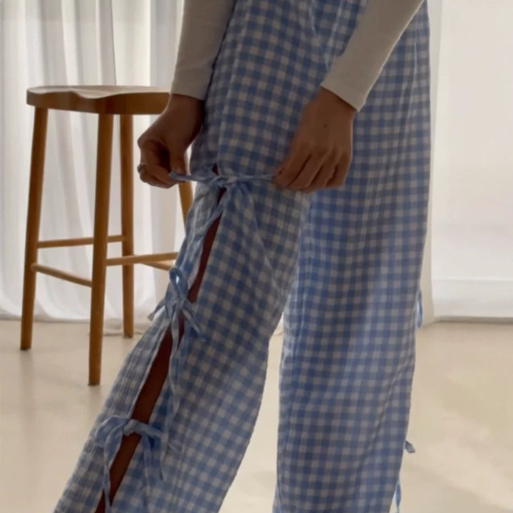 Damen High‑Waist Leinenoptik-Hose mit Gingham-Karo, weitem Bein & seitlichen Bändchen-Details Drune