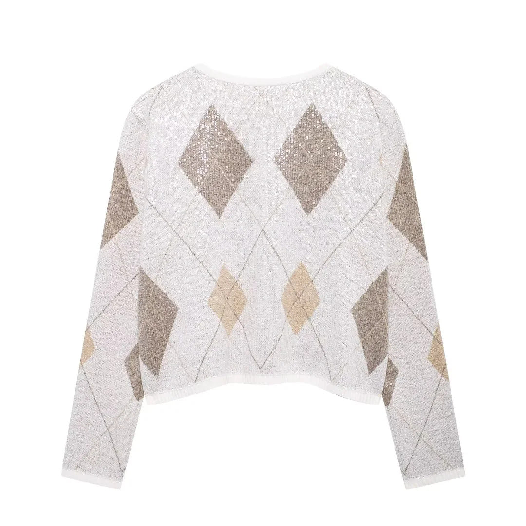 Damen nan kurz geschnittene Strickjacke mit Rauten‑Pailletten und aufgesetzten Taschen Drune