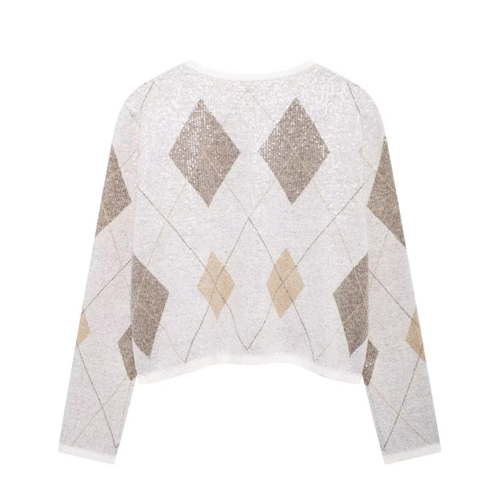Damen nan kurz geschnittene Strickjacke mit Rauten‑Pailletten und aufgesetzten Taschen Drune