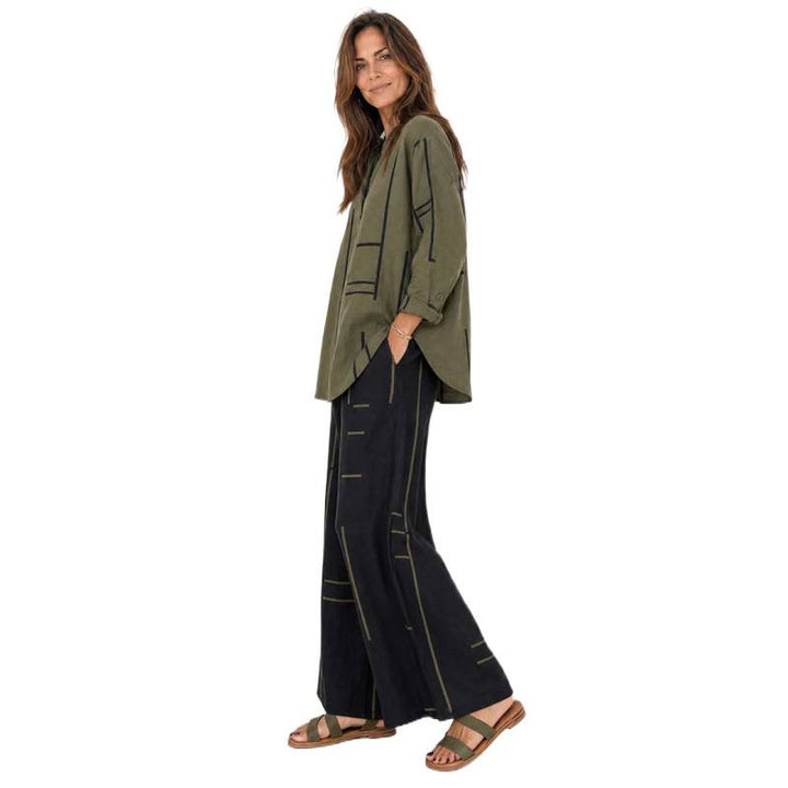 Damen Oversize-Tunika und weite Palazzohose mit grafischem Streifenprint und Henley-Kragen Drune