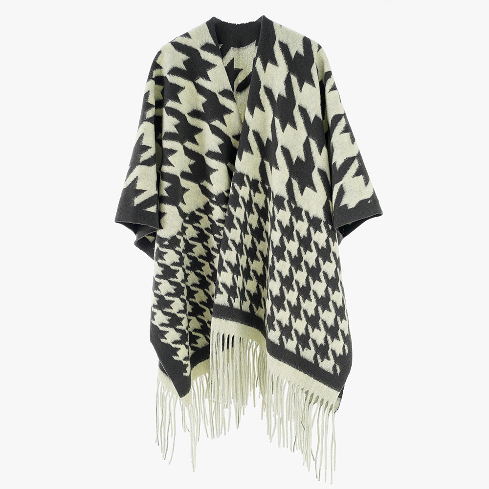 Damen Wollmix-Poncho mit Hahnentritt-Muster und Fransensaum Drune