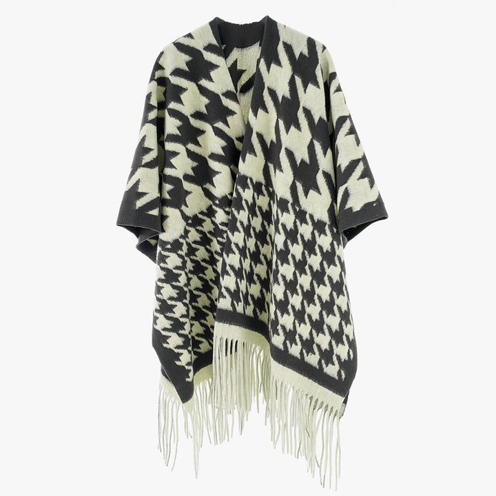Damen Wollmix-Poncho mit Hahnentritt-Muster und Fransensaum Drune